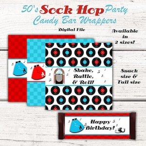 1950&#39;s Birthday Party Candy Bar Wrappers, 50&#39;s, Fifties, Sock hop, diner, Party Favors, Party Decorations, Red, Instant Download