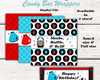 1950's Birthday Party Candy Bar Wrappers, 50's, Fifties, Sock hop, diner, Party Favors, Party Decorations, Red, Instant Download