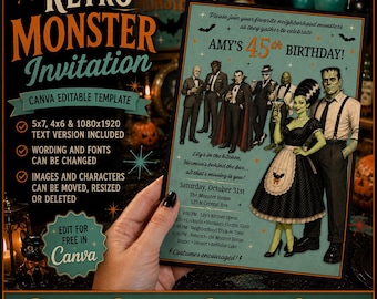 Invitación de cumpleaños de Halloween con temática retro de monstruos / Plantilla editable de Canva / Invitación para fiesta de disfraces para adultos / Descarga instantánea