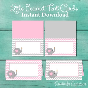 Gray and Pink Chevron Baby Shower Table Cards. Tent cards. Food Cards. Place Cards. Little Peanut Baby Shower. Elephant Baby Shower.