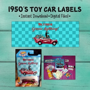 1950&#39;s Birthday Toy Car Labels, Fifties Birthday Party, 50&#39;s Birthday Party Favors, Grease Inspired Party, Grease Lightning