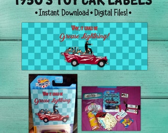 1950's Birthday Toy Car Labels, Fifties Birthday Party, 50's Birthday Party Favors, Grease Inspired Party, Grease Lightning