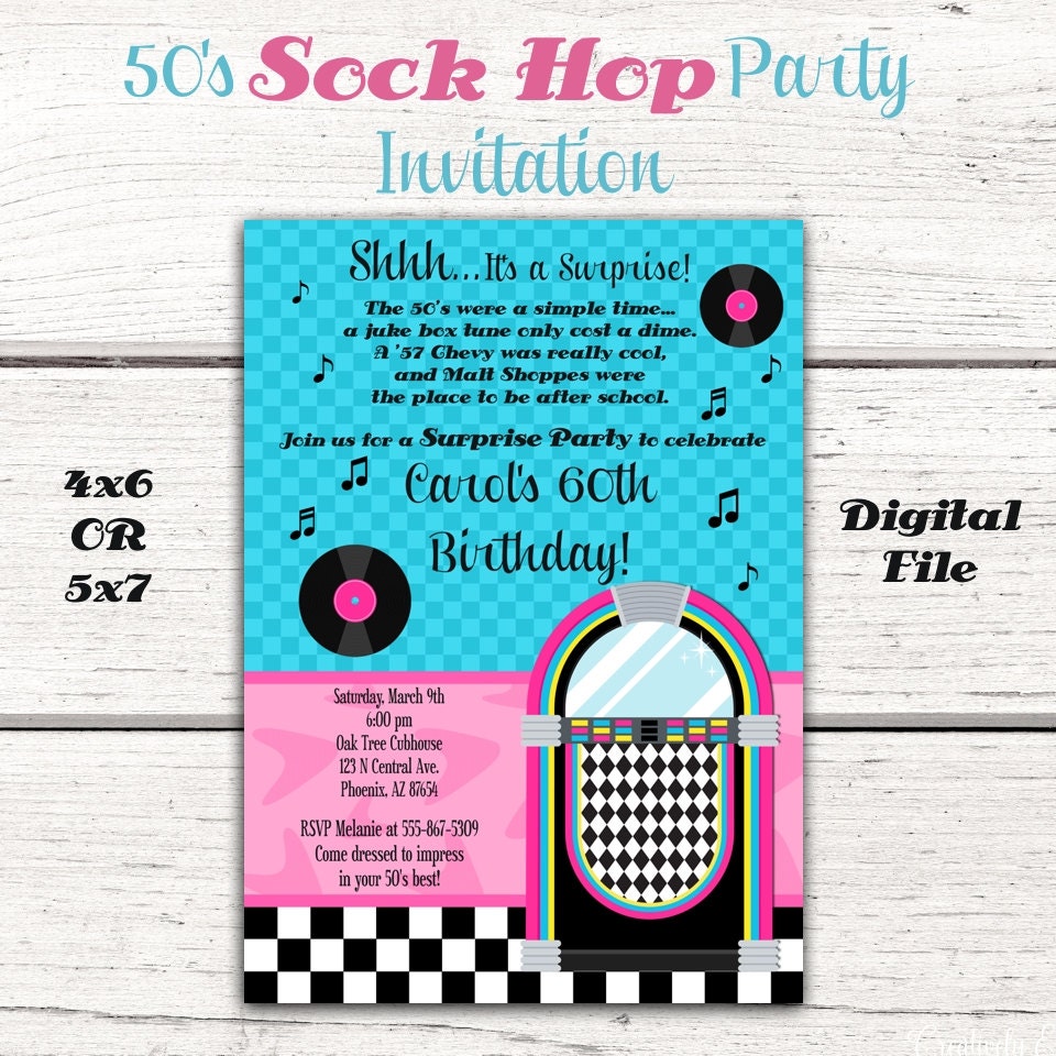 1950 S Birthday Party Invitation Fifties 50 S Sock Etsy