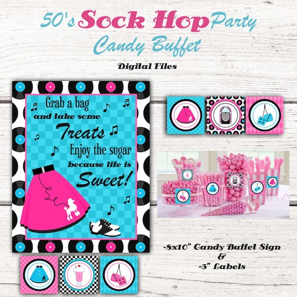 1950's Birthday Party Candy Buffet sign, Candy Jar Labels,50's, sock hop, Pink & Turquoise, Fifties, 50's party decorations