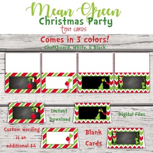 Tarjetas de tienda de campaña de monstruo navideño verde malo. Tarjetas de mesa para fiestas navideñas. Fiesta de Navidad . Gruñón navideño. Buffet navideño de Mean One