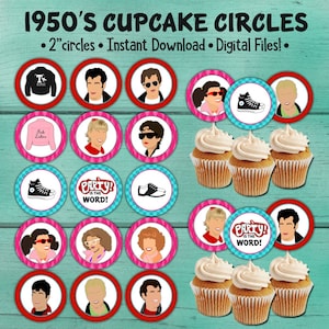 1950&#39;s Birthday Cupcake Toppers, Fifties Birthday Party, 50&#39;s Birthday Party Decor, Grease Inspired Party, 1950&#39;s birthday party