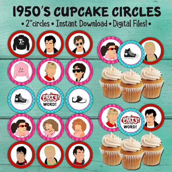1950's Birthday Cupcake Toppers, Fifties Birthday Party, 50's Birthday Party Decor, Grease Inspired Party, 1950's birthday party Il_570xn