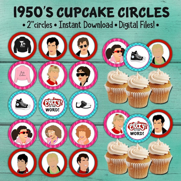 1950's Birthday Cupcake Toppers, Fifties Birthday Party, 50's Birthday Party Decor, Grease Inspired Party, 1950's birthday party