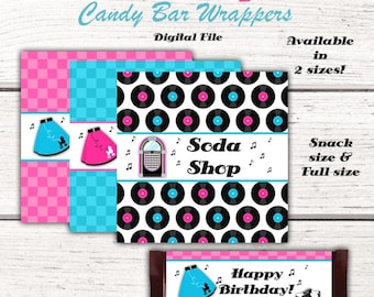 1950's Birthday Party Candy Bar Wrappers, 50's, Fifties, Sock hop, diner, Party Favors, Party Decorations, PINK, Instant Download