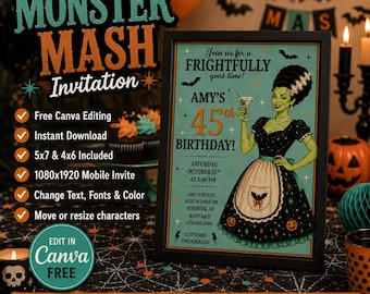 Invitación de cumpleaños de Halloween con temática retro de monstruos / Plantilla editable de Canva / Invitación para fiesta de disfraces para adultos / Descarga instantánea