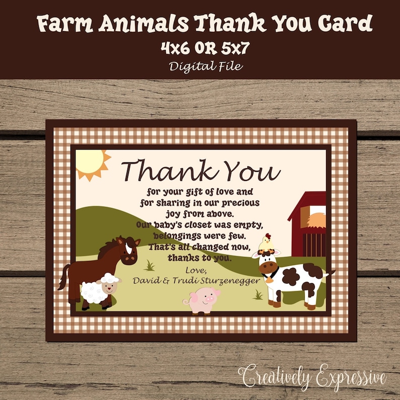 Farm Animals Baby Shower Thank You Card. Barnyard Baby Shower. Etsy