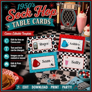 1950's Sock Hop Table Cards Template | Editable Retro Place Cards | Rock & Roll Tent Cards | Canva Printable Party Decorations