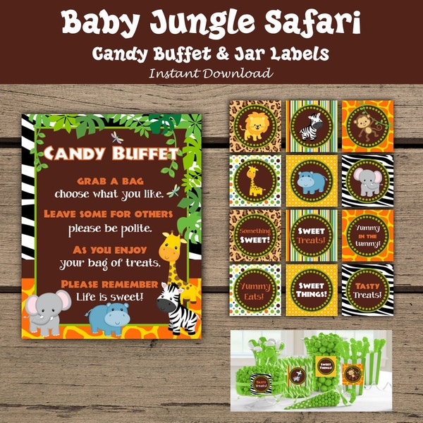 Custom Baby Jungle Safari Candy Buffet Sign. Candy Buffet Jar Labels. Jungle Baby Shower. Safari Baby Shower. - Instant Download