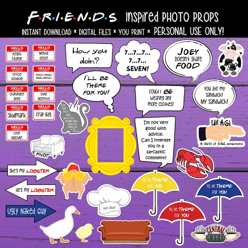 Friends Inspired Photo Booth Props. Friends Photo Props, Friends Tv Show Props, Friends TV Show inspired, Instant Download, YOU PRINT image 1