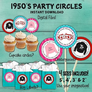 50&#39;s party cupcake toppers, 50&#39;s bag labels, 50&#39;s centerpiece circles, Grease Inspired Party, 1950&#39;s party, Birthday Party, Baby Shower, DIY