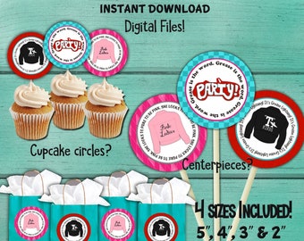 50's party cupcake toppers, 50's bag labels, 50's centerpiece circles, Grease Inspired Party, 1950's party, Birthday Party, Baby Shower, DIY