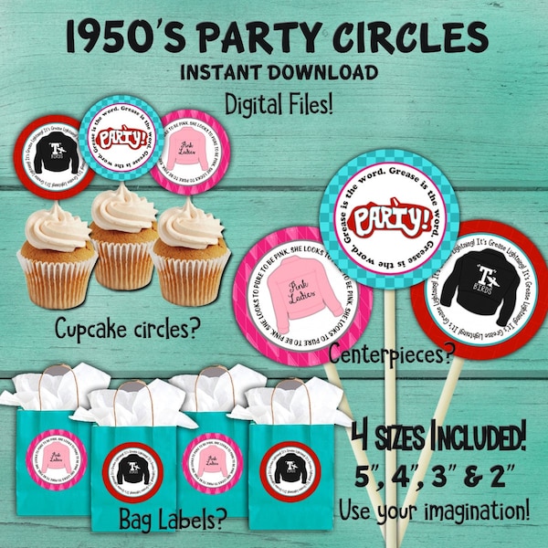 50's party cupcake toppers, 50's bag labels, 50's centerpiece circles, Grease Inspired Party, 1950's party, Birthday Party, Baby Shower, DIY