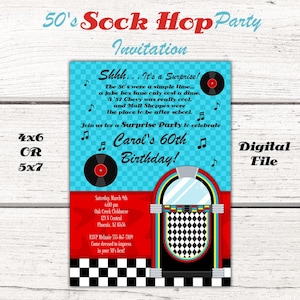 May include: A red, white, and blue 50's sock hop party invitation with a jukebox and a record. The text reads "50's Sock Hop Party Invitation" and "Shhh... It's a Surprise! The 50's were a simple time... a juke box tune only cost a dime. A '57 Chevy was really cool, and Mall Shoppes were the place to be after school. Join us for a Surprise Party to celebrate Carol's 60th Birthday!"