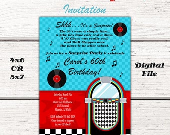1950's Birthday Party Invitation, 50's, sock hop, Diner, Jukebox, Red & Turquoise, 50's Party Invitation, Sock Hop Invite, Baby Shower