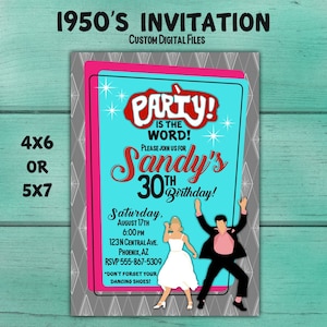 1950's Birthday Party Invitation, Grease inspired, Fifties, 50's, sock hop, 50's Party, Sock Hop Invite, Bridal Shower, Baby Shower
