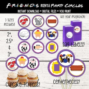 Friends Inspired Party Circles. Friends Cupcake Toppers. Friends Bag Labels. Friends Centerpiece. Baby Shower. Bridal Shower. Birthday