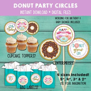 Donut party cupcake toppers, Donut bag labels, Donut centerpiece circles, Donut Grow Up Party, Birthday Party, Baby Shower, Donuts & Pajamas