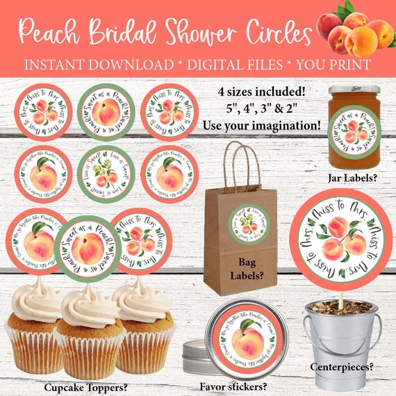 Peach Bridal Shower, Peach cupcake toppers, Peach bag labels, Peach