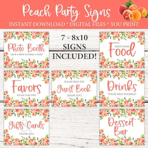 Peach Party Signs. Peach table sign. Photo Booth Sign. Drinks Sign. Gifts sign. Food Sign. Birthday Party decor. Baby Shower. Bridal Shower