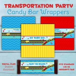 May include: Printable candy bar wrappers featuring a transportation theme. The wrappers have a blue, yellow, and red background with a road, cars, and airplanes. The text on the wrappers says "Go Baby Go!" and "Baby on Board".