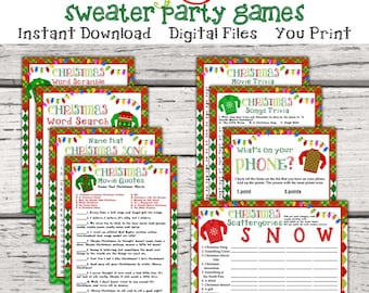 May include: A set of printable Christmas party games with a red, green, and white color scheme. The games include Christmas movie trivia, Christmas song trivia, Christmas word search, Christmas word scramble, name that Christmas song, and what's on your phone.