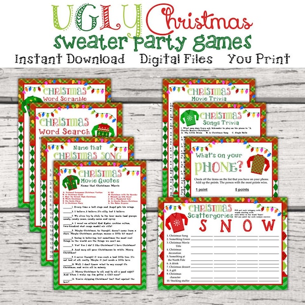 Ugly Christmas Sweater Party Games Package. 8 Printable Party Games. Holiday Party Games. Word Search. Song Trivia. Movie Trivia. Tacky