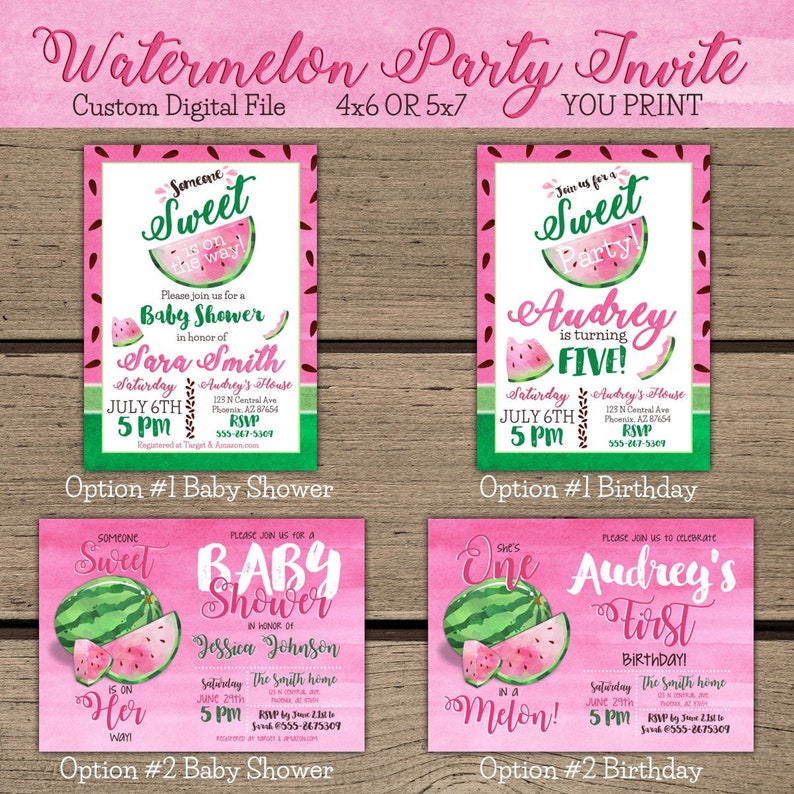 Watermelon Invitation, One in a Melon Invitation, Birthday Invite , Summer Invitation, Baby Shower Invitation, Summer Party, First Birthday image 1