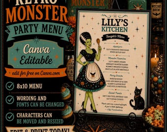 Retro Monster Party Menu Template | Halloween Party Menu | Canva Editable Menu Sign | Vintage Monster Mash Buffet Sign | Printable Food Menu