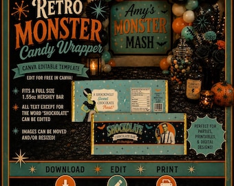 Plantilla de envoltorio de caramelos de monstruo retro, envoltorio de barra Hershey de Halloween, plantilla editable de Canva, recuerdo de fiesta de monstruo vintage