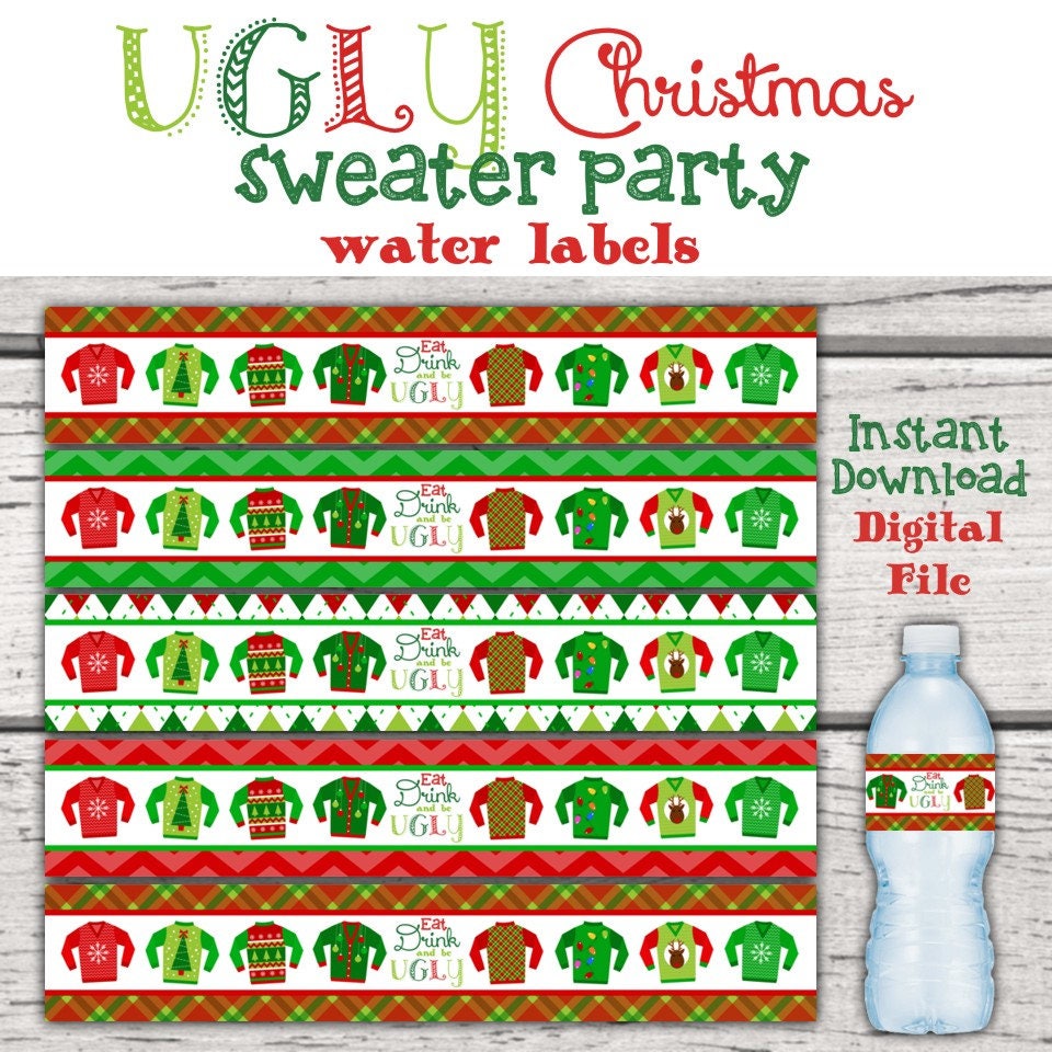 Ugly Christmas Sweater Party Water Bottle Labels. Ugly Christmas Sweater printables. Ugly Christmas Sweater decorations. Party supplies