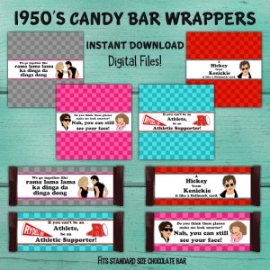 1950's Birthday Candy Bar Wrappers, Fifties Birthday Party, 50's Birthday Party Decor, Grease Inspired Party, 1950's birthday party favors image 1