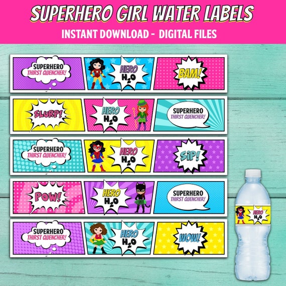 Superhero Girl water Bottle Labels, Superhero Girl drink Labels ...