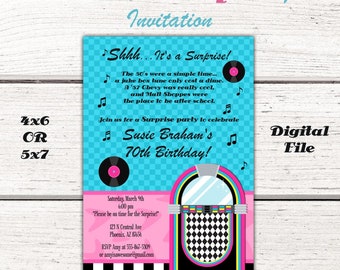 1950's Birthday Party Invitation, Fifties, 50's, sock hop, Diner, Jukebox, Pink & Turquoise, 50's Party Invitation, Sock Hop Invite