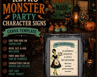 Vintage Monster Party Character Signs | Halloween Canva Template | Frankenstein Party Decor | Printable Halloween Sign | Retro Monster Party