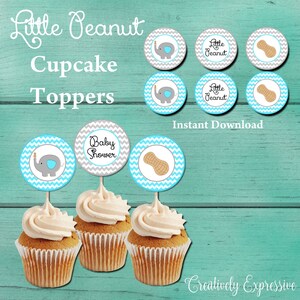 Gray and Blue Chevron Baby Shower Cupcake Toppers. Digital file. Little Peanut Baby Shower Cupcake Toppers. Elephant Baby Shower. Baby Boy