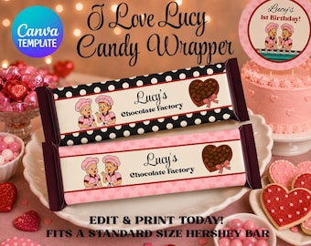 Envoltorios de caramelos inspirados en "I Love Lucy", recuerdo de fiesta de "I Love Lucy", CANVA EDITABLE