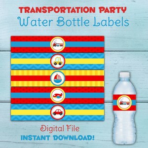 Transportation Party Water Bottle Labels, Transportation Birthday Party, Transportation Baby Shower, Planes, Trains, Automobiles, Car, Bus