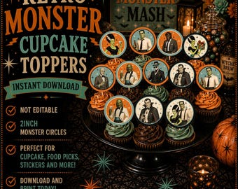 Retro Monster Cupcake Toppers | Vintage Halloween Party  | 2 Inch Printable Monster Circles | Monster Mash Cupcake Picks | Instant Download