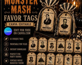 Etiquetas de regalo Monster Mash / Etiquetas editables para recuerdos de Halloween / Fiesta de monstruos de películas vintage / Plantilla de Canva / Descarga instantánea