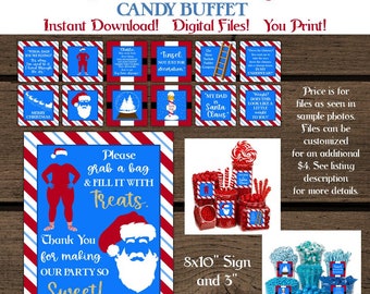 Letrero de buffet de dulces para fiesta navideña inspirado en Papá Noel, etiquetas para frascos de buffet de dulces, Papá Noel, buffet de dulces, decoraciones para fiestas navideñas