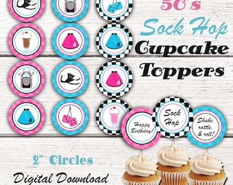 1950's Birthday Cupcake Toppers, Fifties Birthday Party, 50's Birthday Party Decor, Instant Download, Sock Hop, Diner, 1950's birthday party