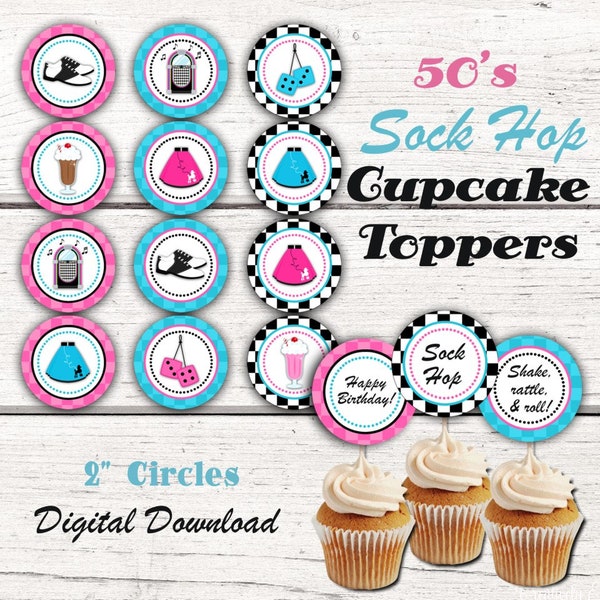 1950's Birthday Cupcake Toppers, Fifties Birthday Party, 50's Birthday Party Decor, Instant Download, Sock Hop, Diner, 1950's birthday party