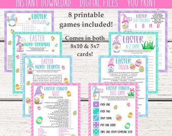 Juegos de fiesta de gnomos de Pascua. Paquete de juegos de Pascua. 8 juegos imprimibles para fiesta de Pascua. Fiesta de bienvenida. Sopa de letras. Crucigrama. Dados de caramelo. Trivial.