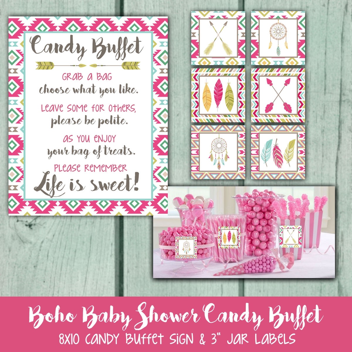 Boho Candy Buffet Sign and Candy Jar labels. Bohemian Baby Shower. Tribal Baby Shower. Boho Baby Shower Table Decorations