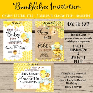 Peut inclure: Invitation sur le thème de l'abeille avec trois styles. Style #1 : "What Will Baby Bee?" pour une révélation du sexe. Style #2 : "Honey is turning ONE!" pour un anniversaire. Style #3 : "Baby Shower Mama-to-Bee". Fichier numérique personnalisable.